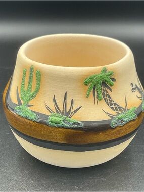 Handcrafted Desert Motif Ceramic Vase in Tan and Green